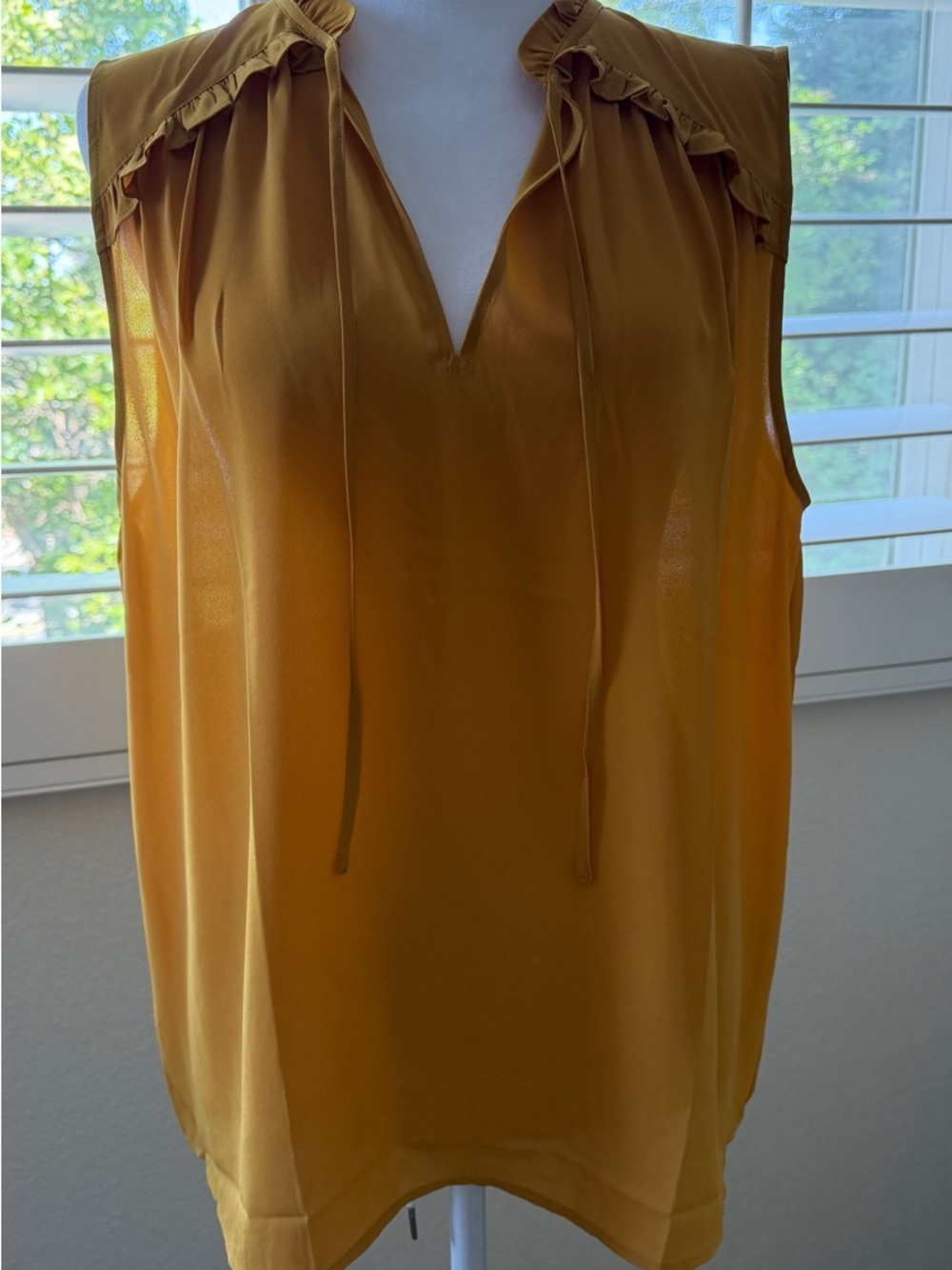 LOFT Mustard Ruffle Tie-Front Sleeveless V-Neck Blouse